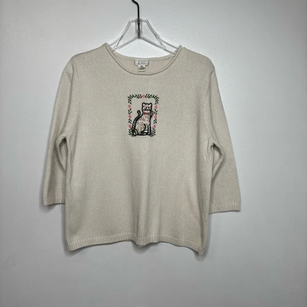 Christopher & Banks Y2K Embroidered Cat Cotton Sweater Size XL